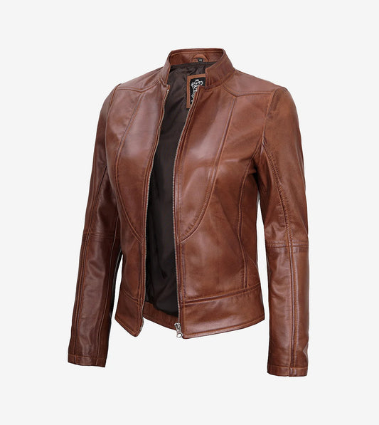 Womens Cognac Leather Biker Jacket