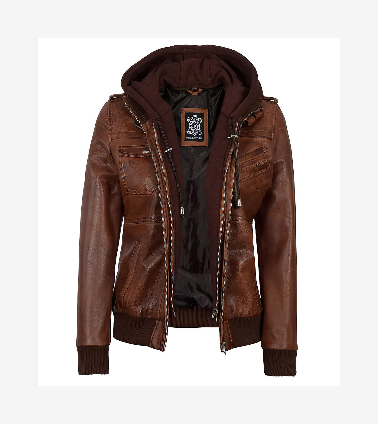 Womens Cognac Leather Bomber Jacket With Removable Hood