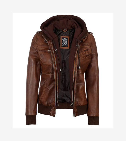 Womens Cognac Leather Bomber Jacket With Removable Hood