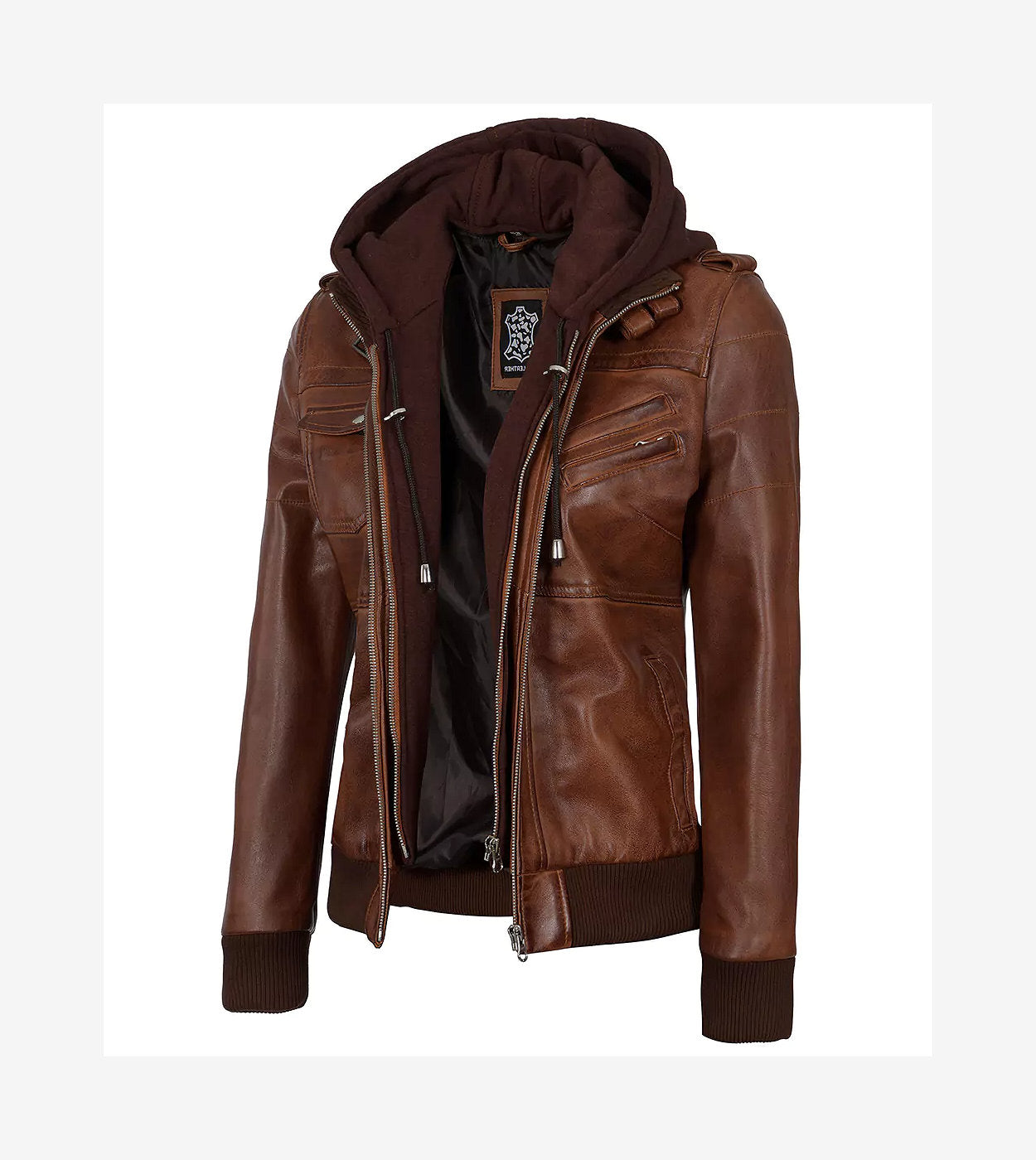 Womens Cognac Leather Bomber Jacket With Removable Hood