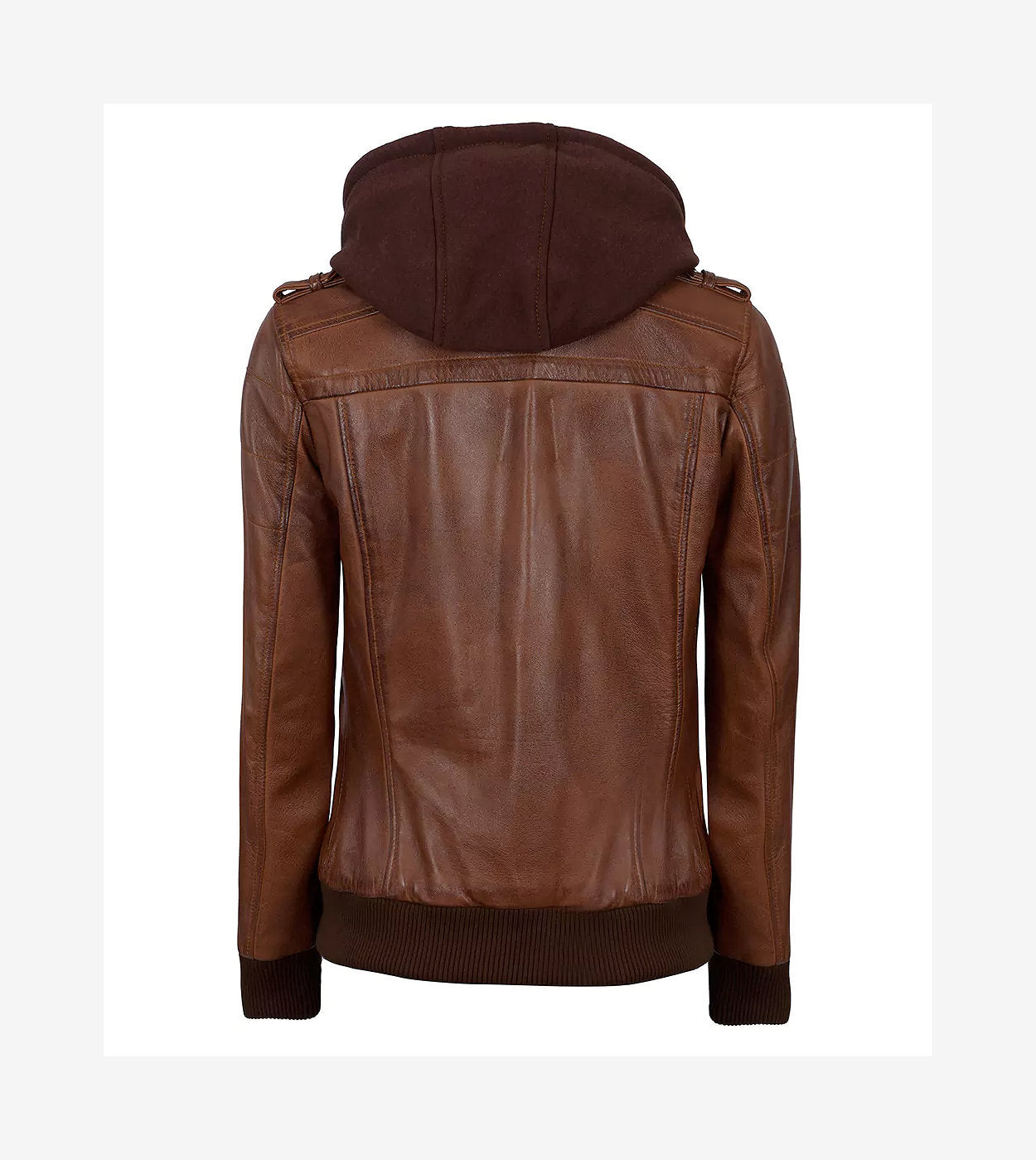 Womens Cognac Leather Bomber Jacket With Removable Hood