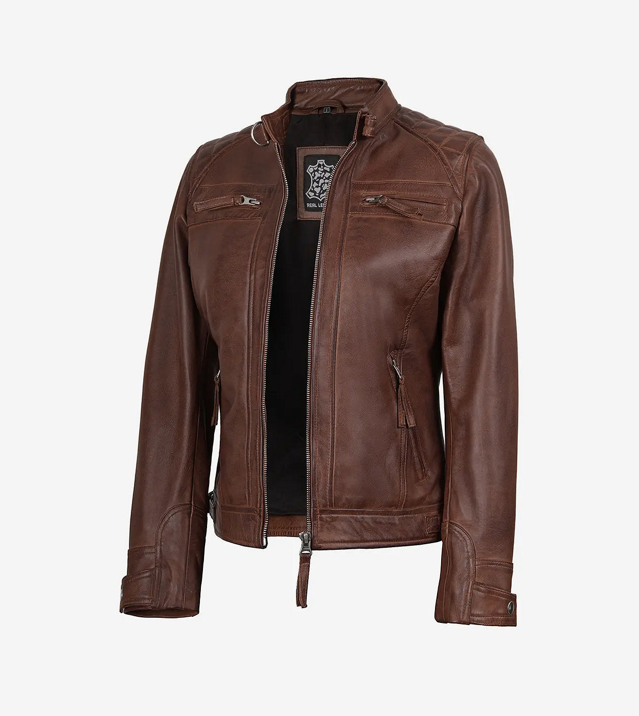 Womens Cognac Leather Cafe Racer Jacket - Quilted Shoulder