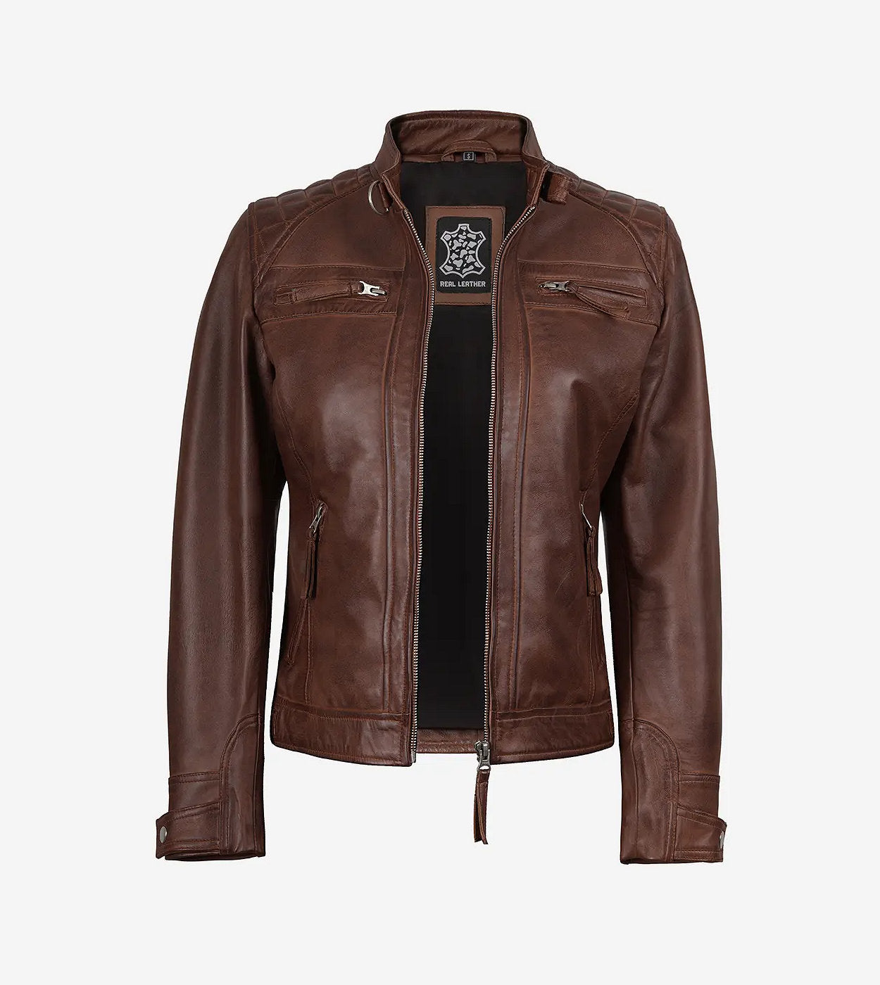 Womens Cognac Leather Cafe Racer Jacket - Quilted Shoulder