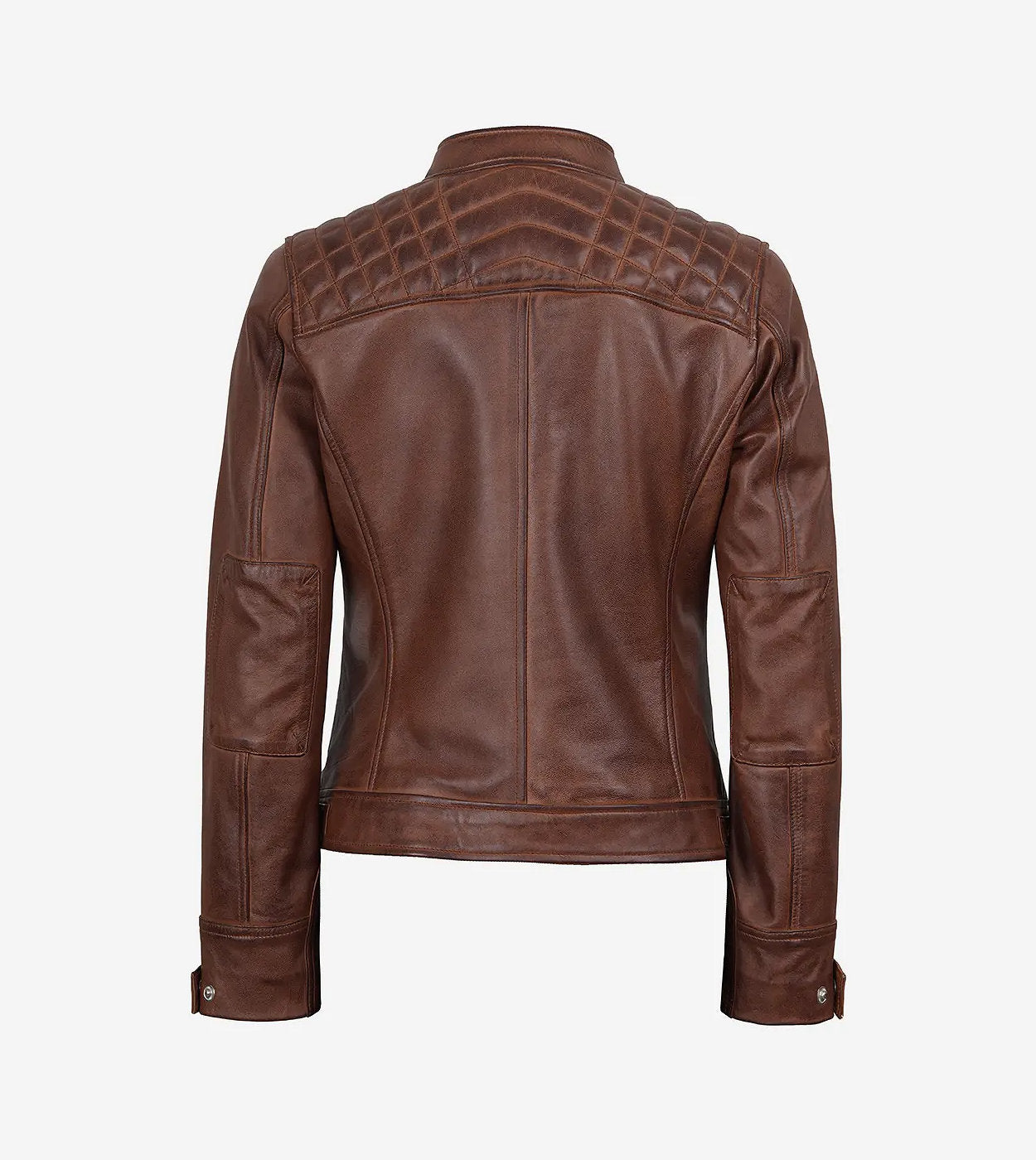 Womens Cognac Leather Cafe Racer Jacket - Quilted Shoulder