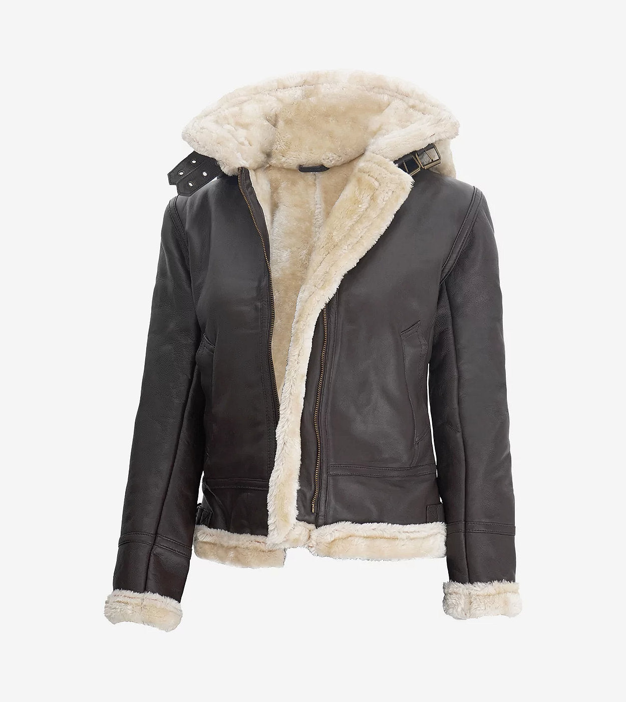 Womens Dark Brown Hooded Shearling Leather Jacket