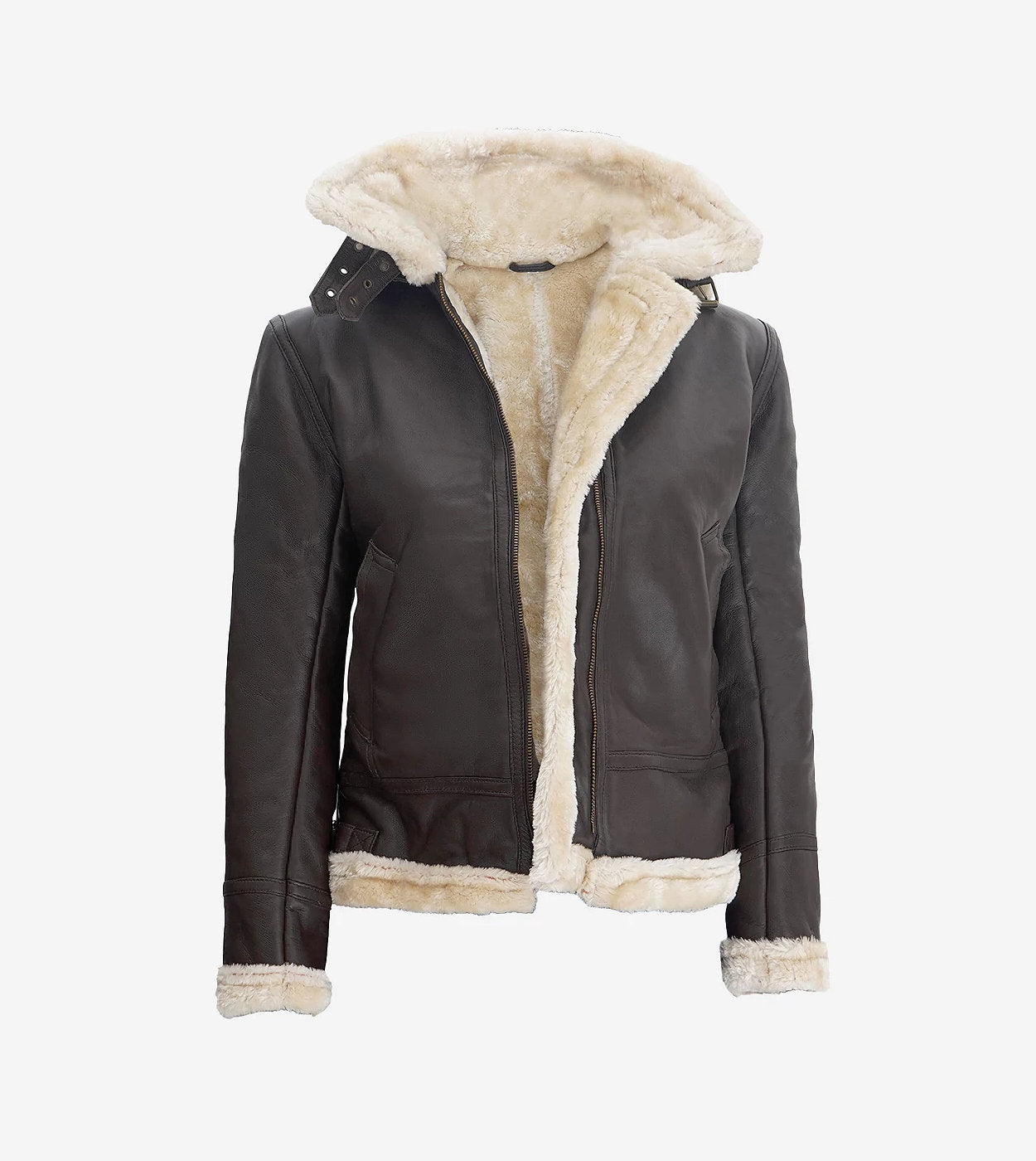 Womens Dark Brown Hooded Shearling Leather Jacket