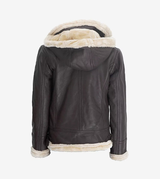 Womens Dark Brown Hooded Shearling Leather Jacket