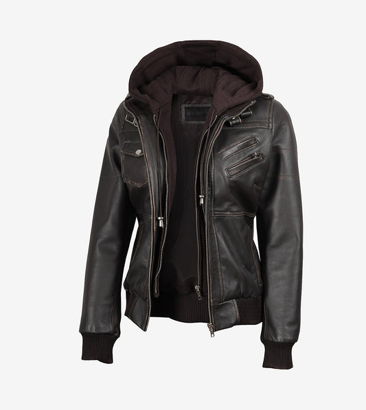 Womens Distressed Brown Hooded Bomber Leather Jacket