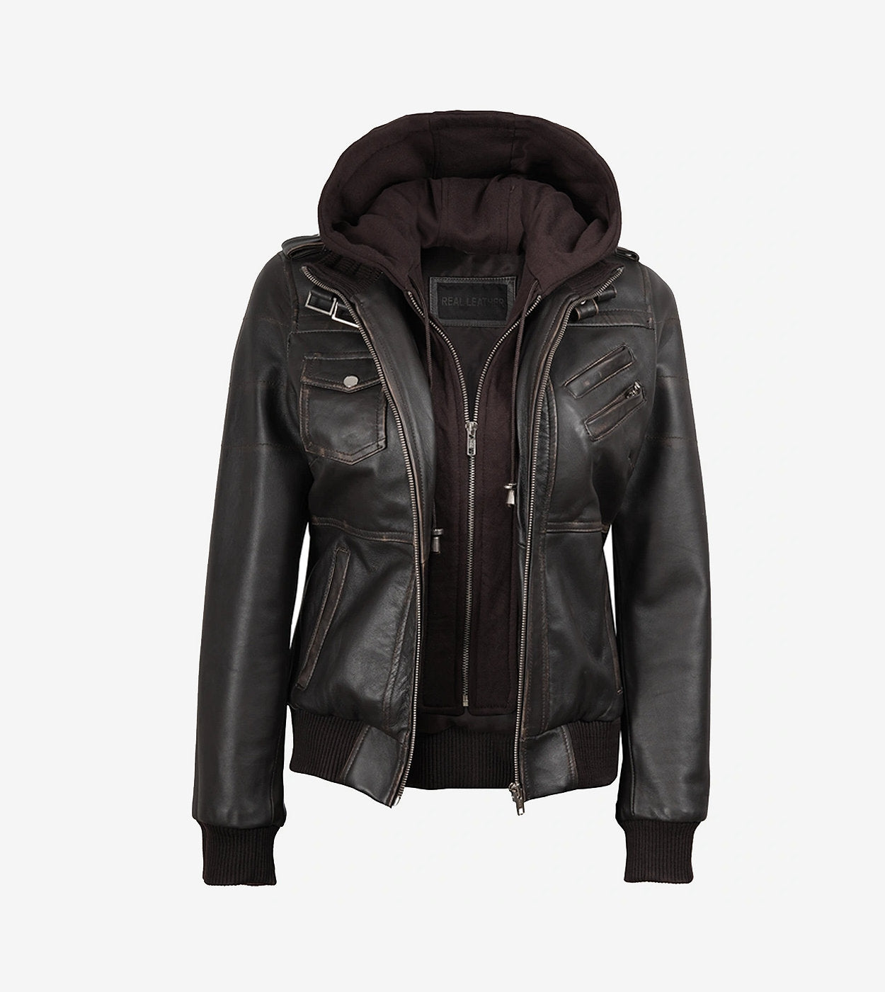 Womens Distressed Brown Hooded Bomber Leather Jacket