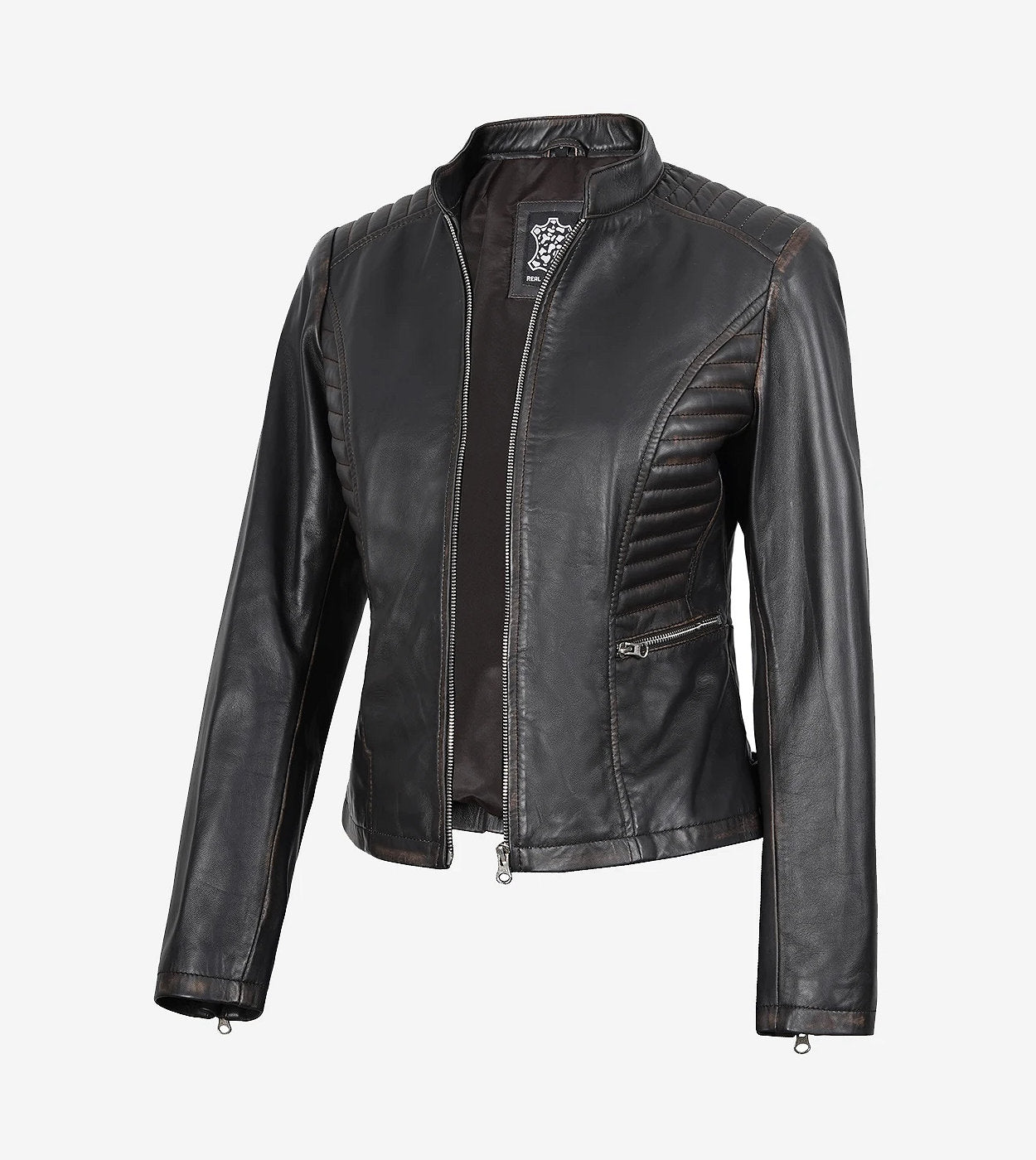 Womens Distressed Brown Leather Biker Jacket