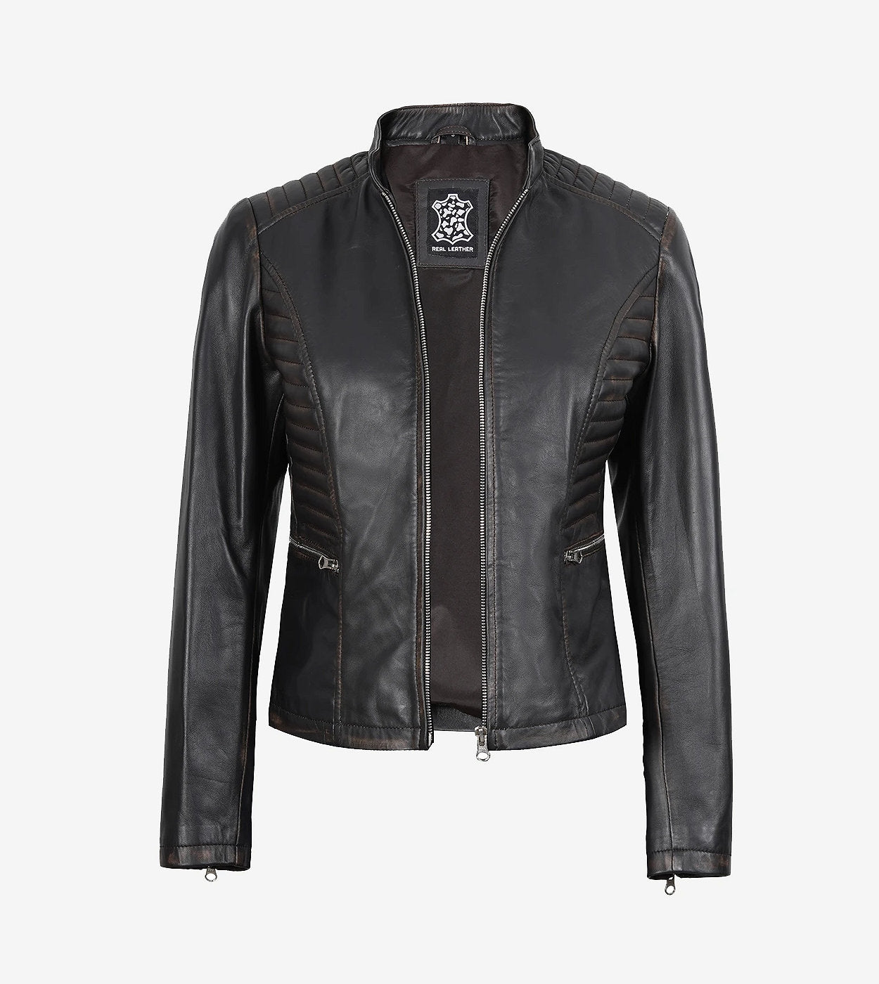 Womens Distressed Brown Leather Biker Jacket