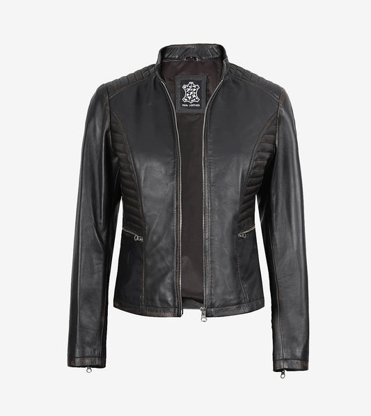 Womens Distressed Brown Leather Biker Jacket