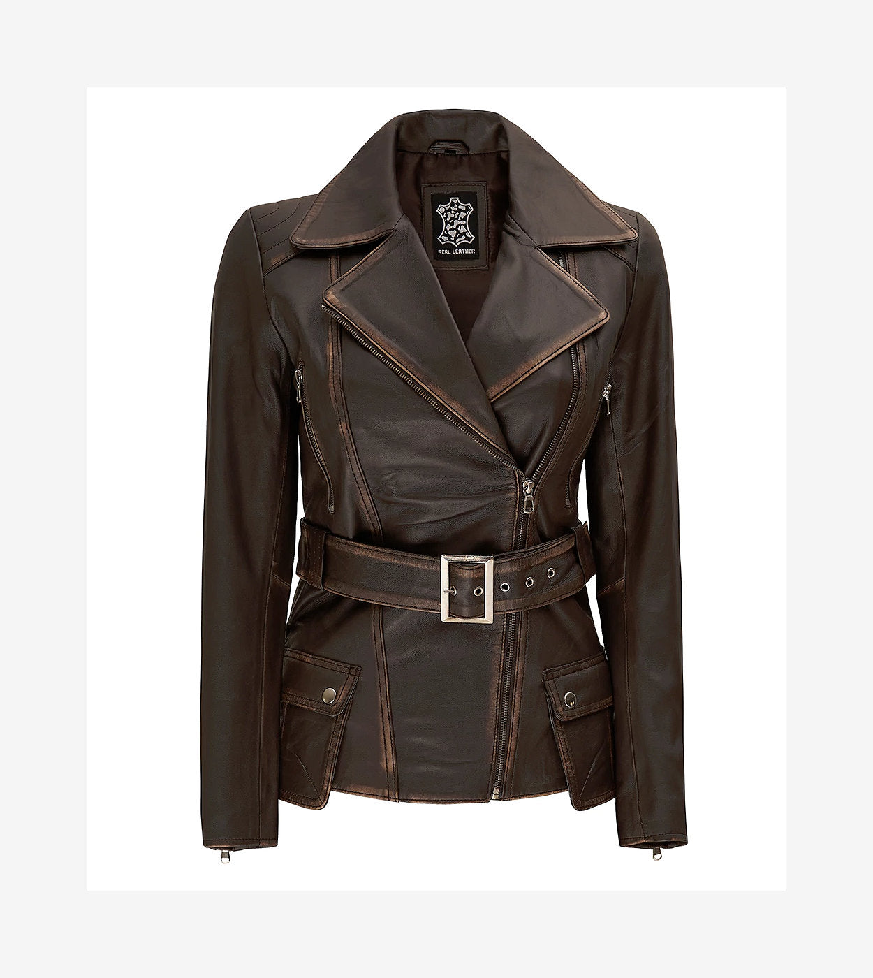 Womens Distressed Brown Long Biker Style Leather Jacket