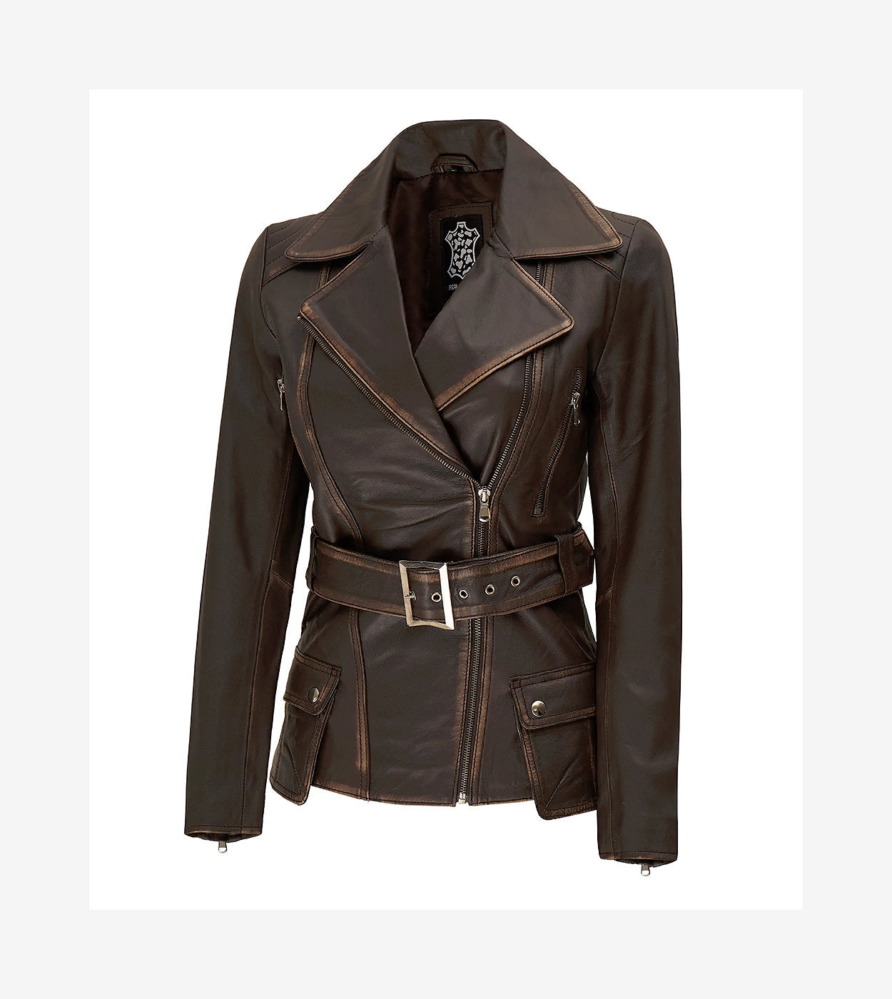 Womens Distressed Brown Long Biker Style Leather Jacket