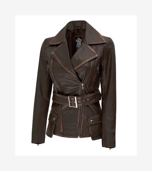 Womens Distressed Brown Long Biker Style Leather Jacket
