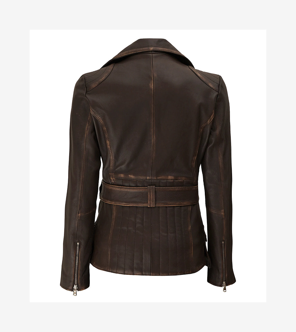 Womens Distressed Brown Long Biker Style Leather Jacket