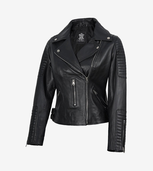Womens Finest Leather Black Biker Style Jacket