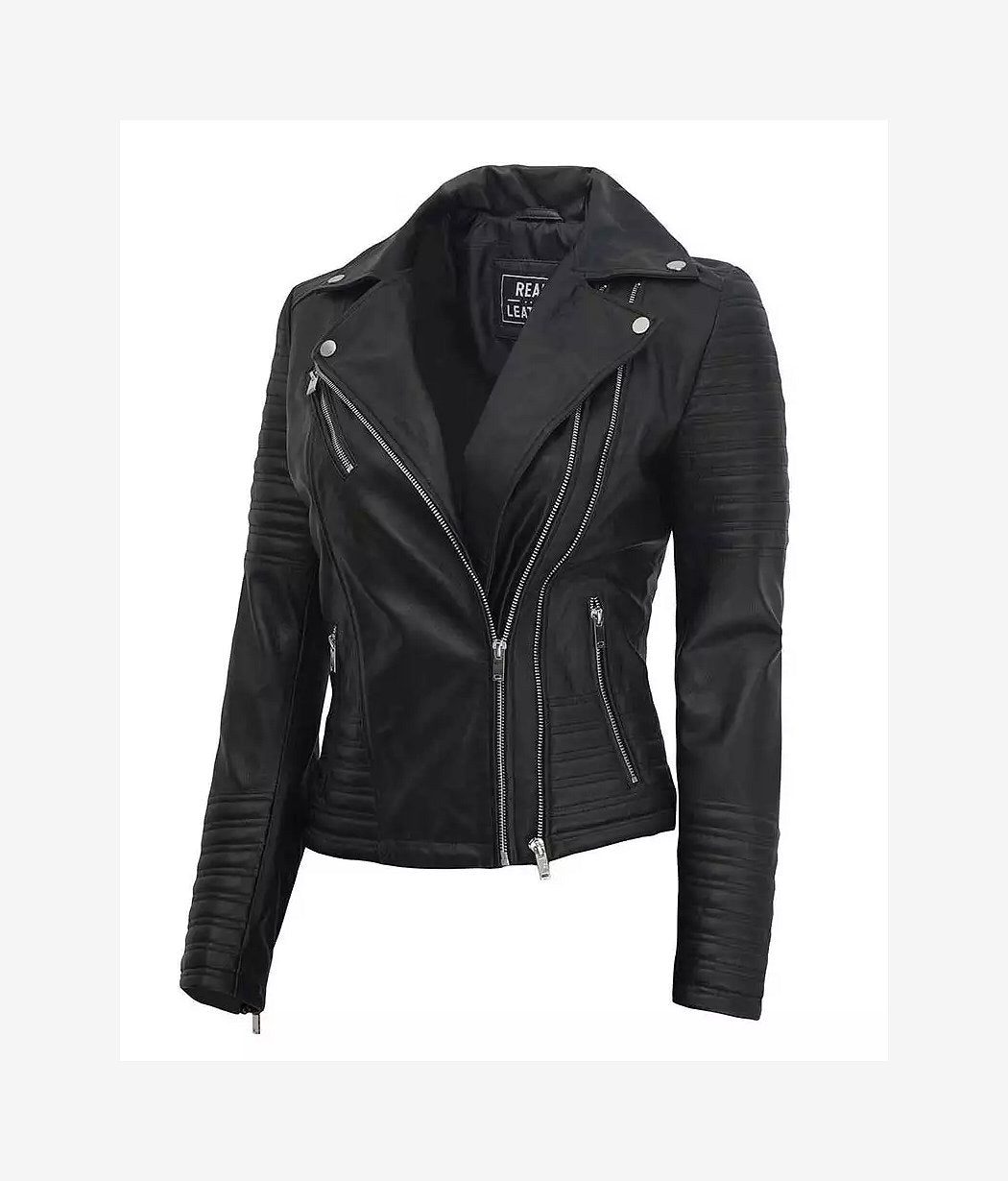 Womens Finest Leather Black Asymmetrical Biker Style Jacket - (Few Left)