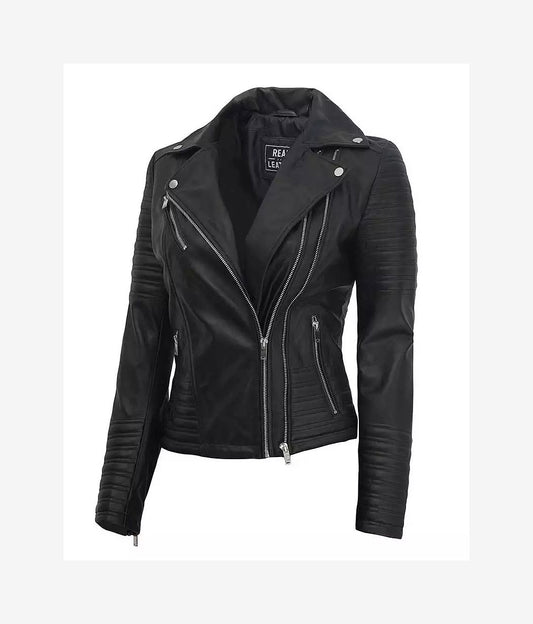 Womens Finest Leather Black Asymmetrical Biker Style Jacket - (Few Left)