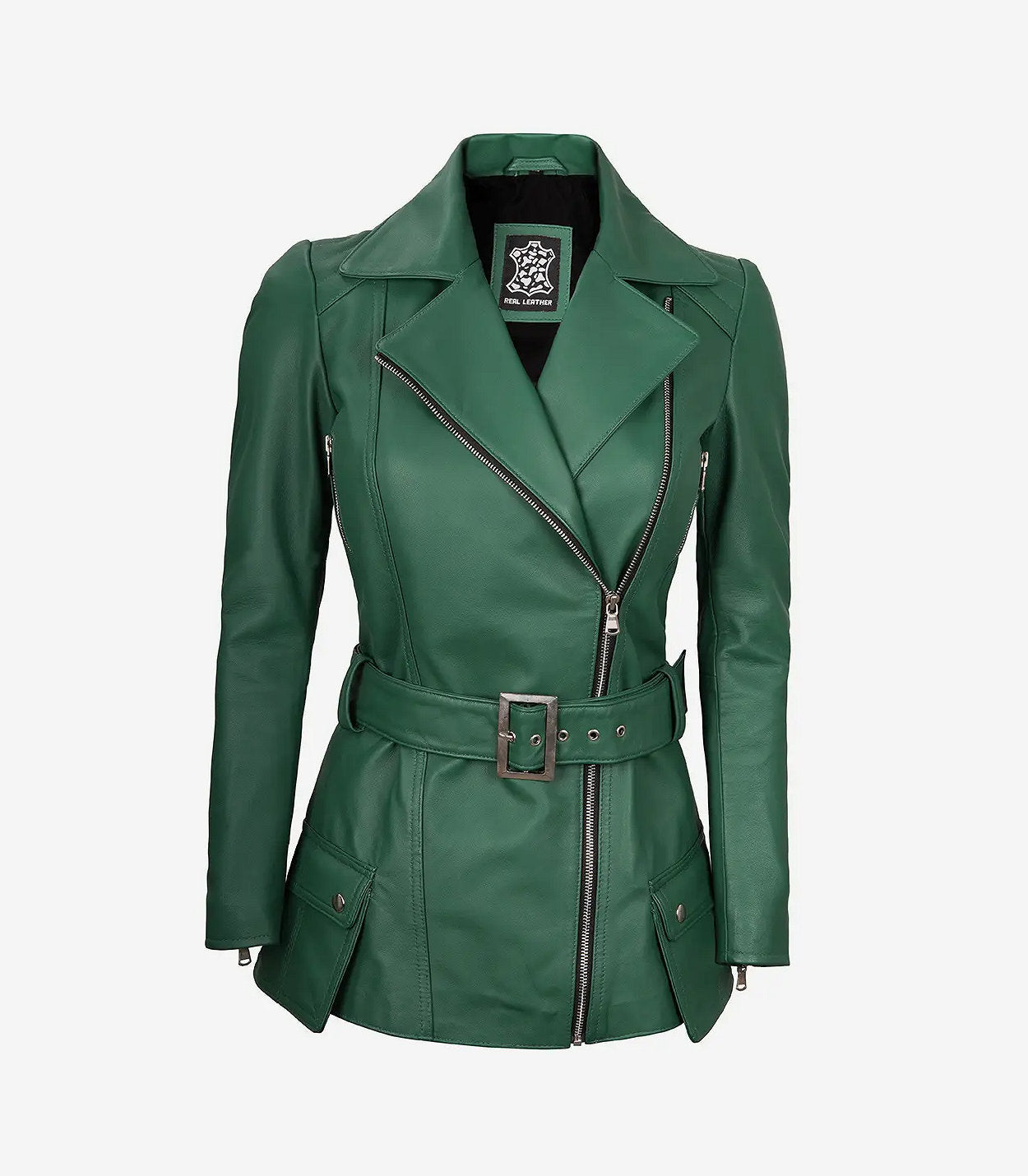 Womens Green Belted Moto Leather Jacket