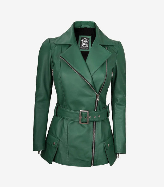 Womens Green Belted Moto Leather Jacket