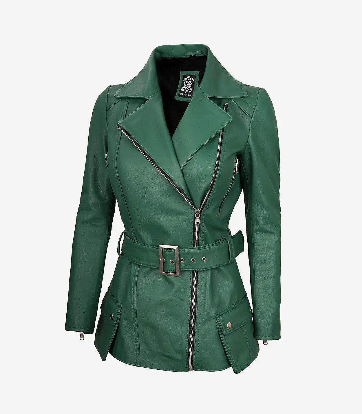 Womens Green Belted Moto Leather Jacket