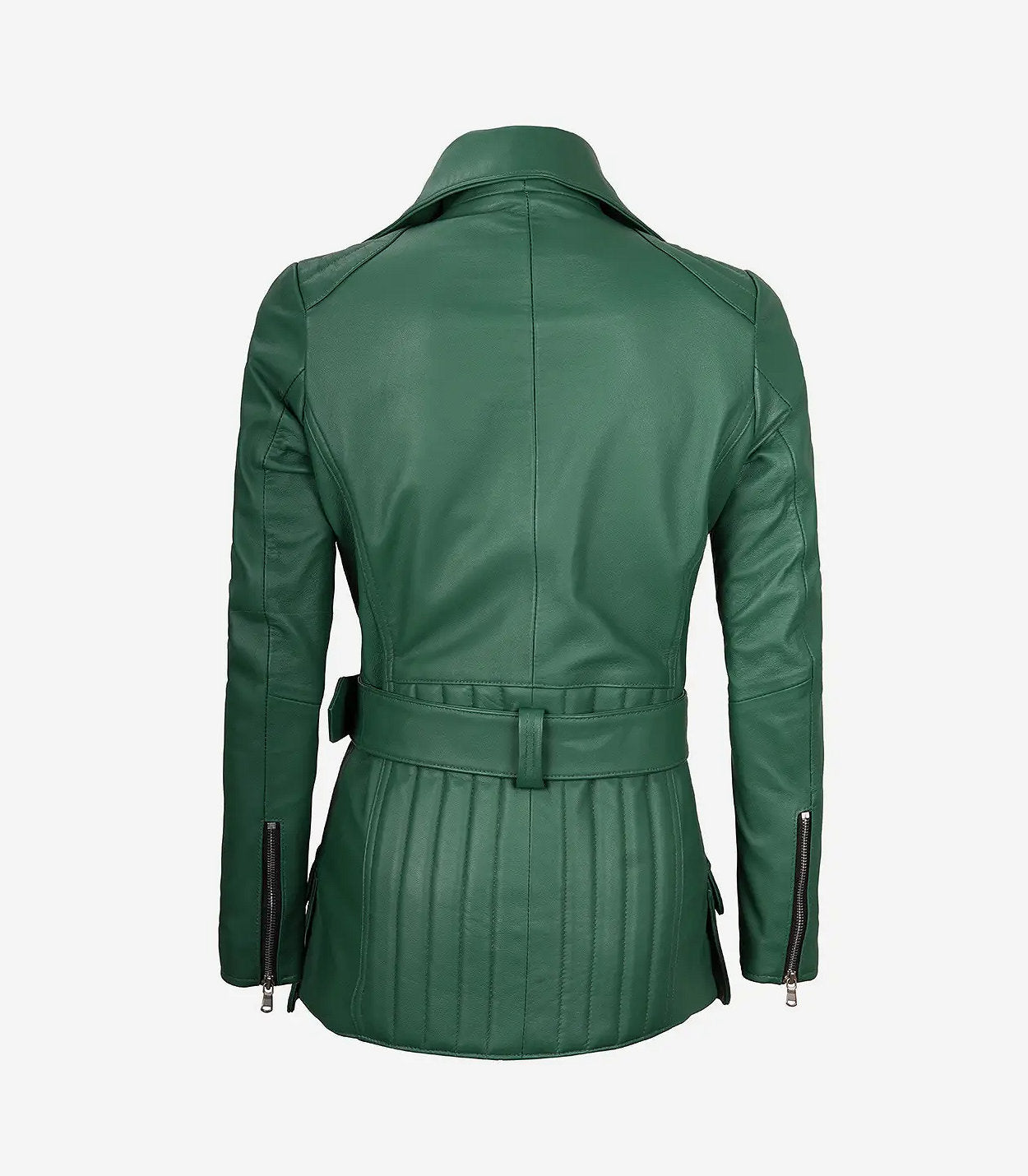 Womens Green Belted Moto Leather Jacket