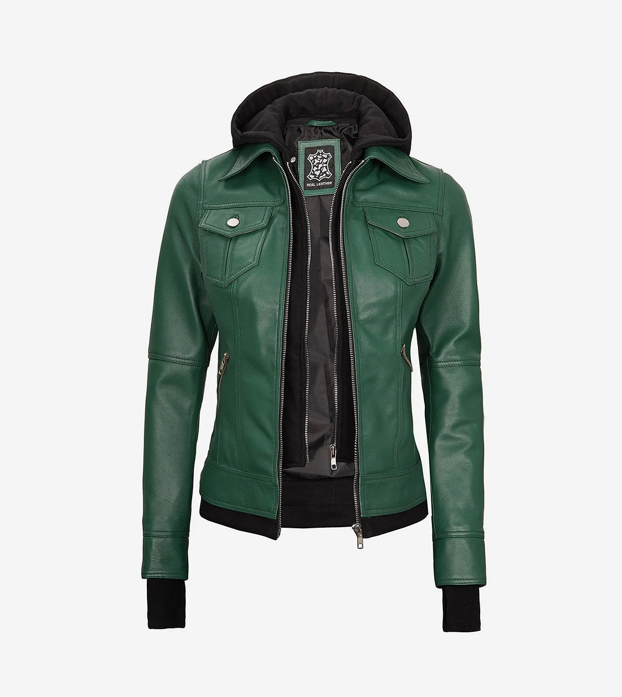 Womens Green Bomber Leather Jacket With Removable Hood