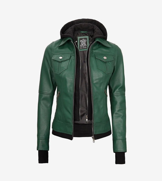 Womens Green Bomber Leather Jacket With Removable Hood