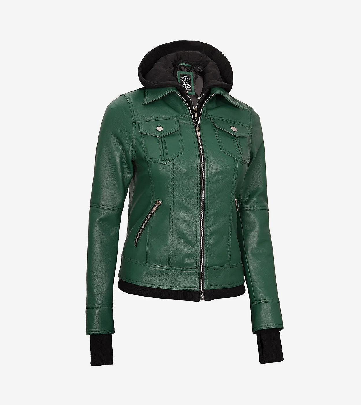 Womens Green Bomber Leather Jacket With Removable Hood