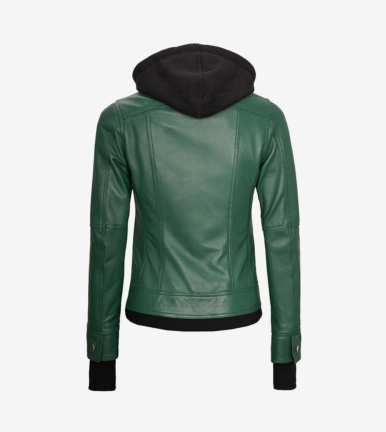 Womens Green Bomber Leather Jacket With Removable Hood
