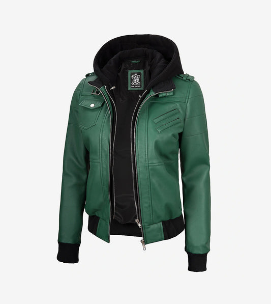 Womens Green Hooded Bomber Leather Jacket