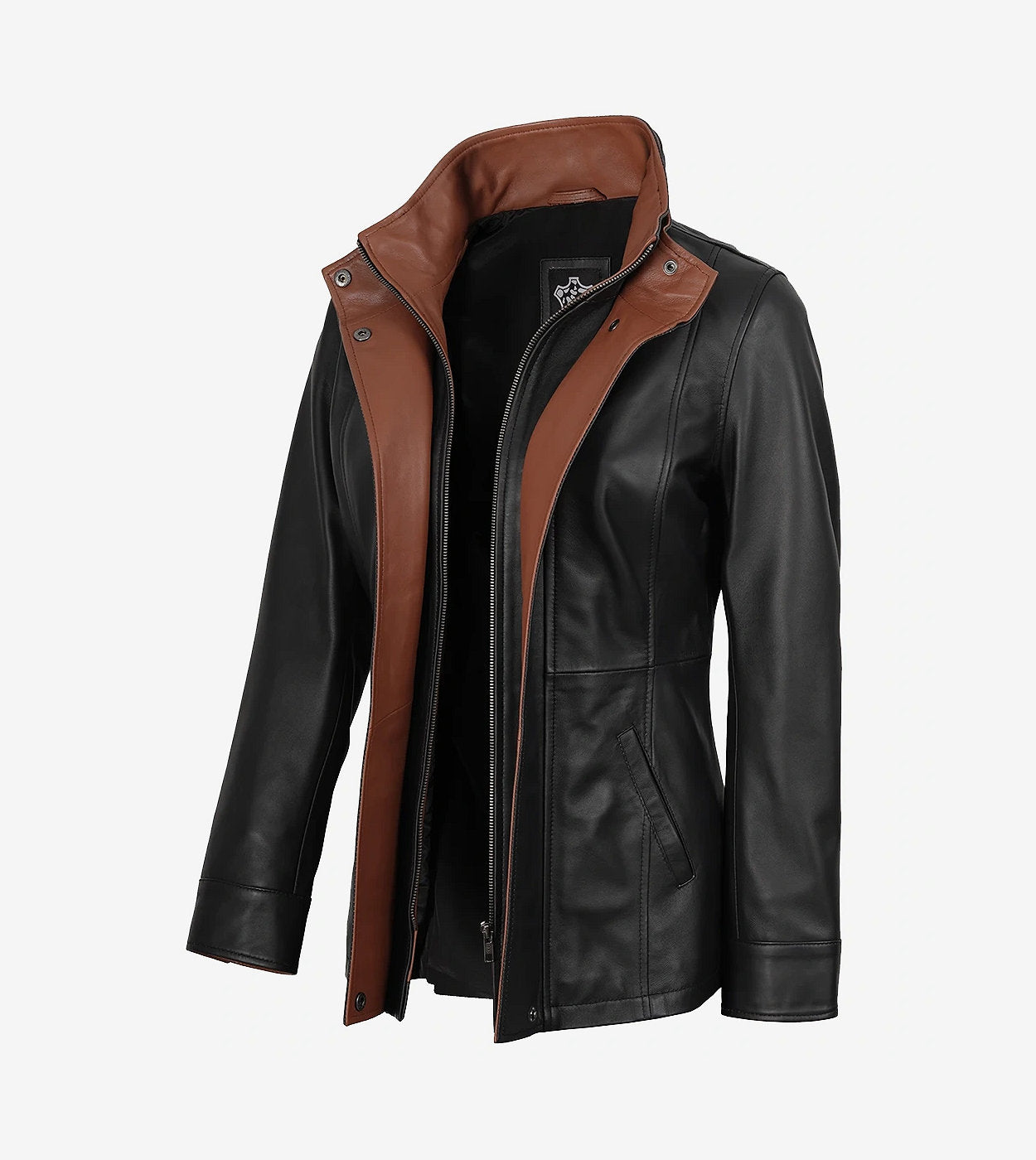 Womens High-Collar Black Leather Jacket With Brown Details