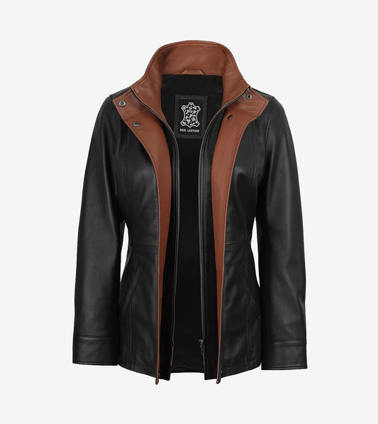 Womens High-Collar Black Leather Jacket With Brown Details