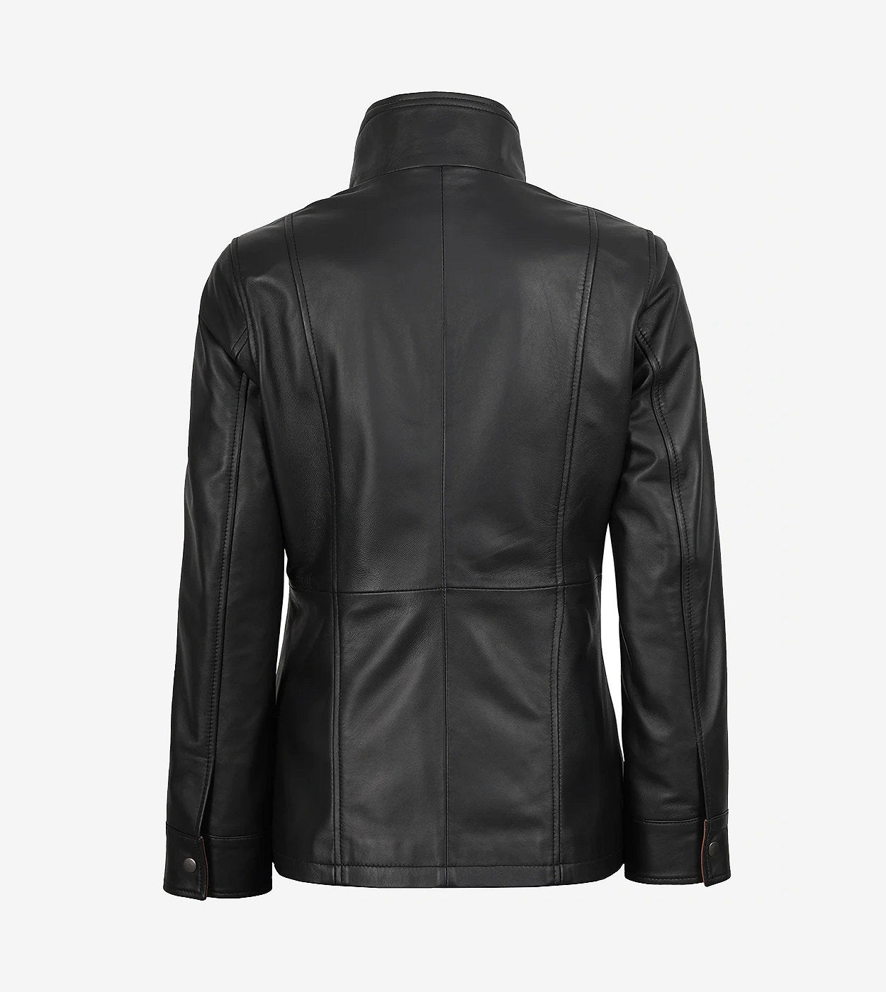Womens High-Collar Black Leather Jacket With Brown Details