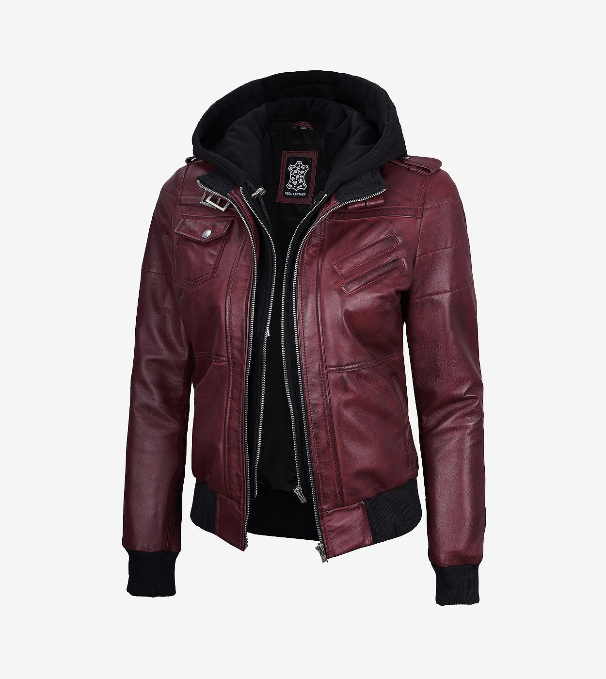 Womens Maroon Hooded Bomber Leather Jacket