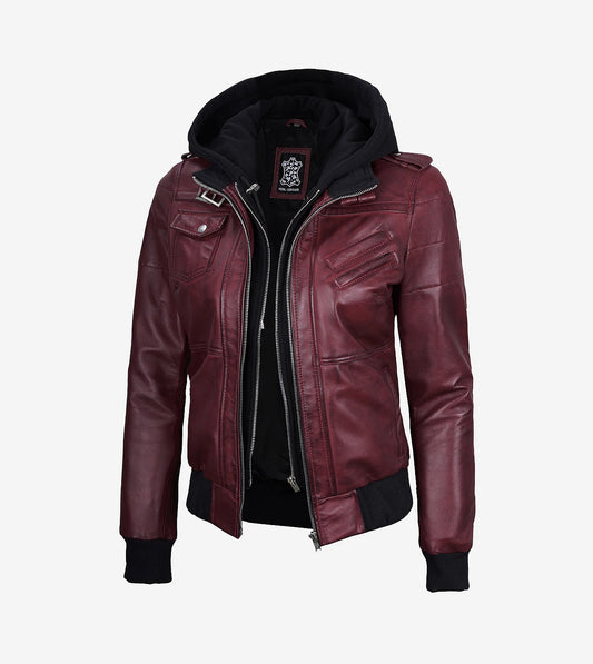 Womens Maroon Hooded Bomber Leather Jacket