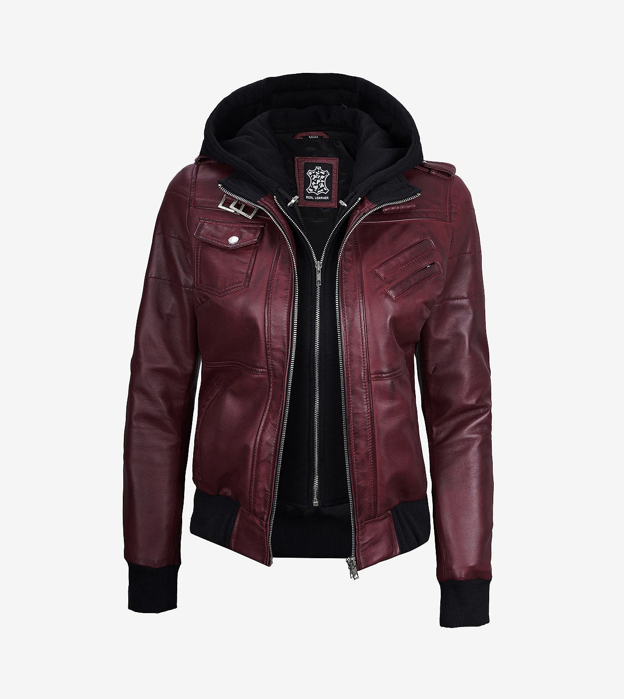 Womens Maroon Hooded Bomber Leather Jacket