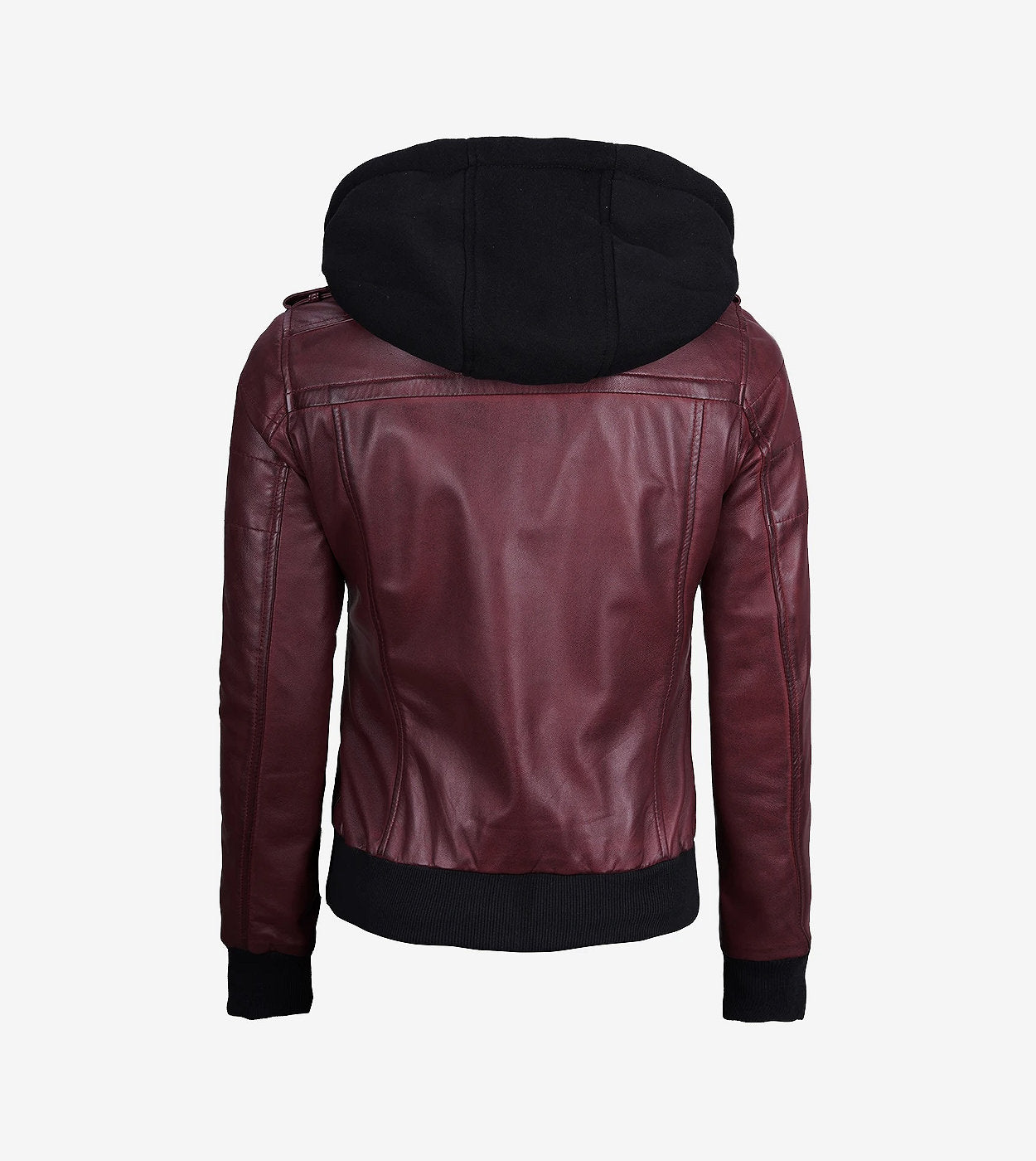 Womens Maroon Hooded Bomber Leather Jacket