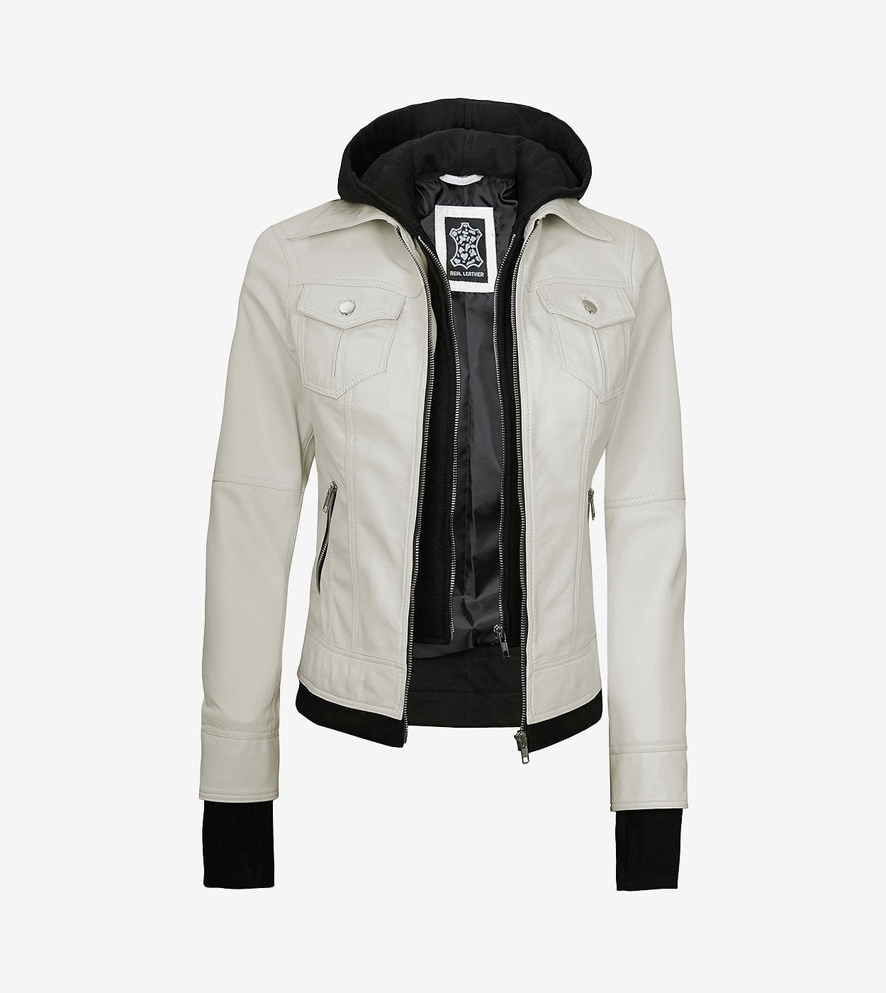 Womens Off White Bomber Leather Jacket With Removable Hood