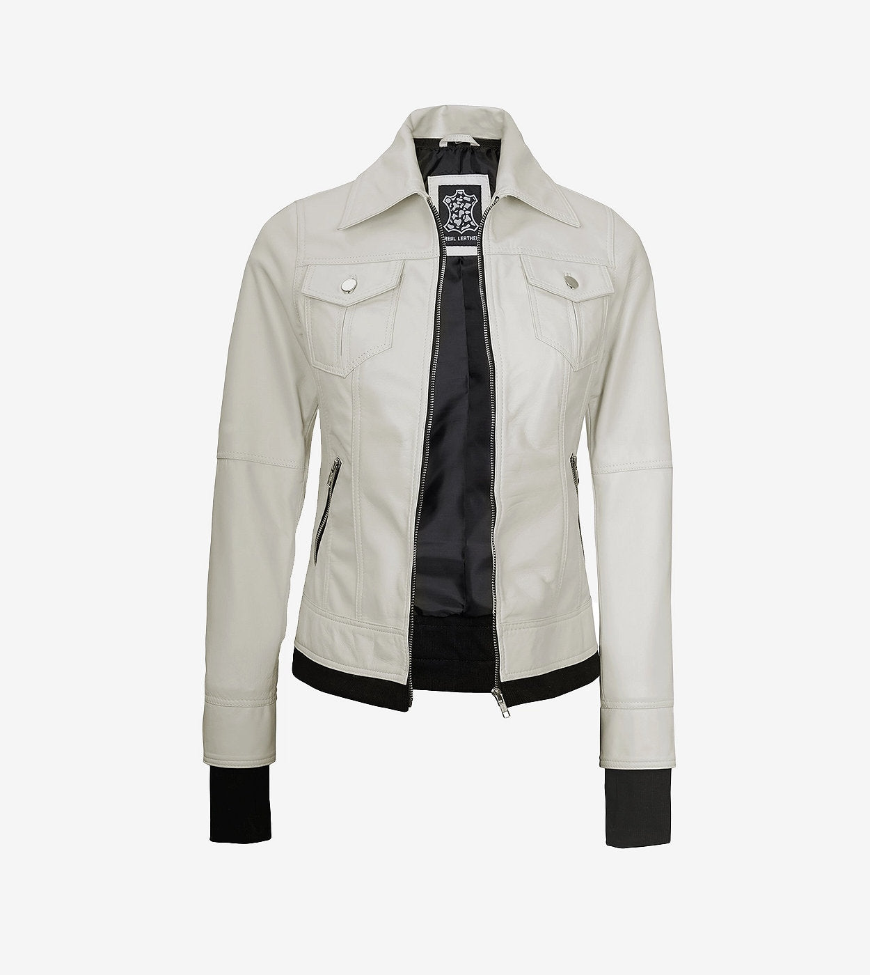 Womens Off White Bomber Leather Jacket With Removable Hood