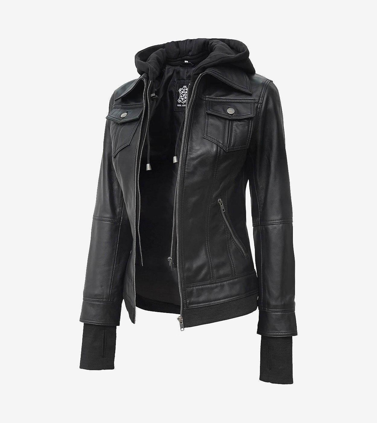Womens Petite Black Bomber Leather Jacket With Removable Hood