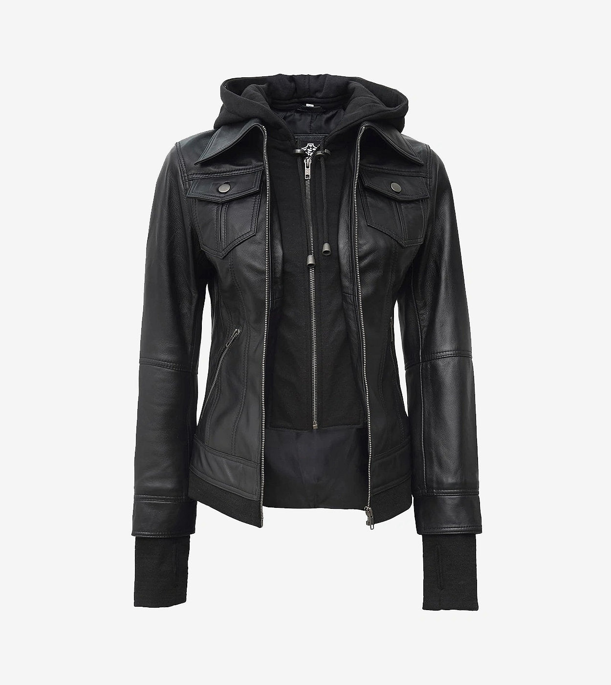 Womens Petite Black Bomber Leather Jacket With Removable Hood