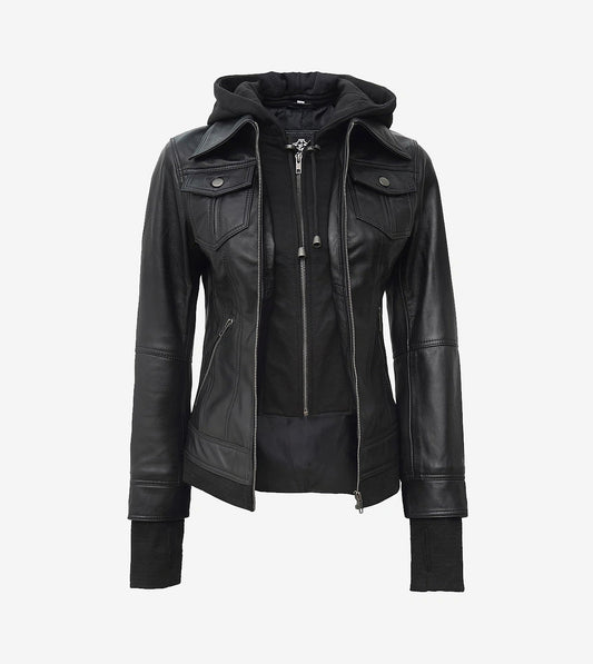 Womens Petite Black Bomber Leather Jacket With Removable Hood