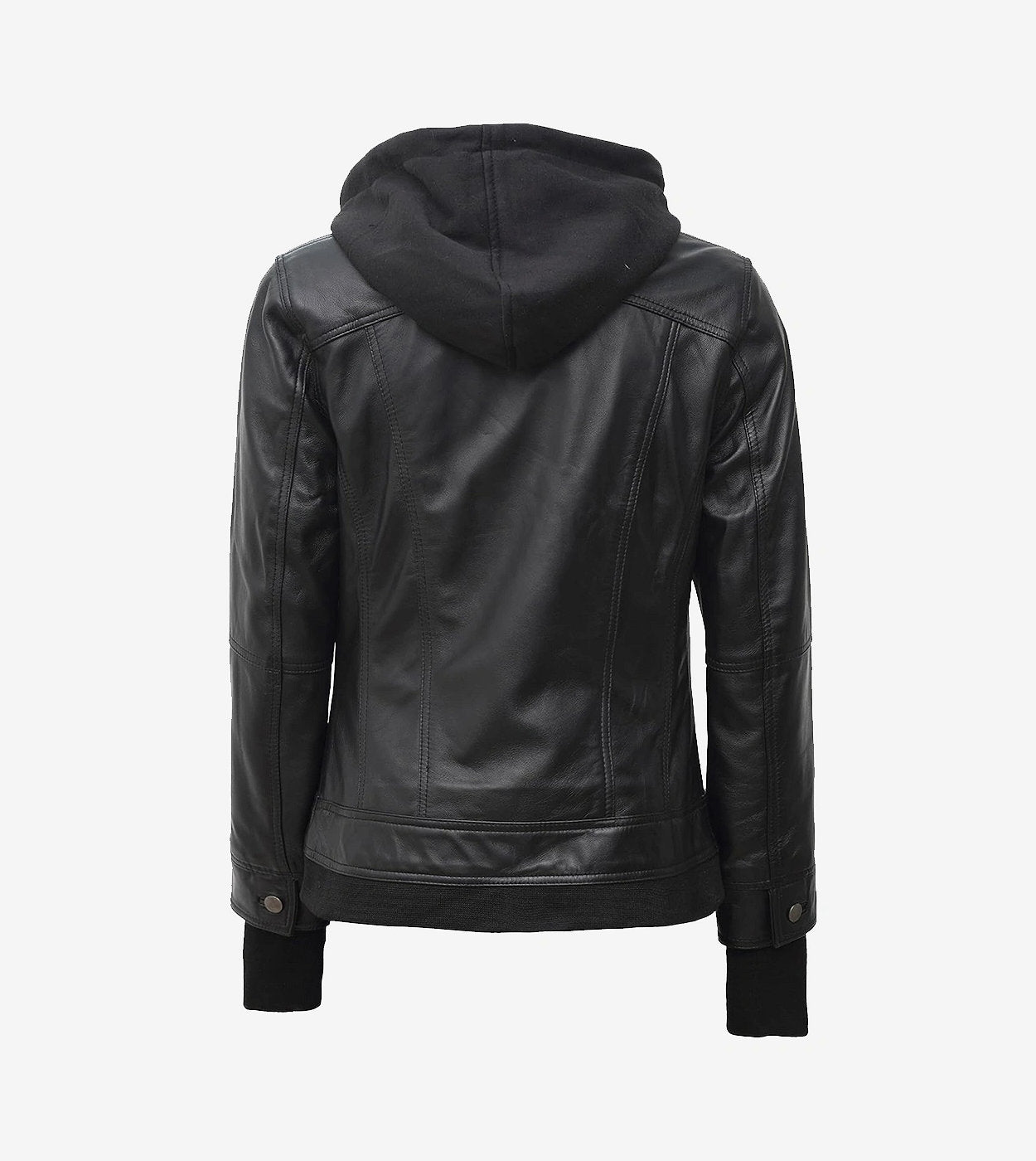 Womens Petite Black Bomber Leather Jacket With Removable Hood