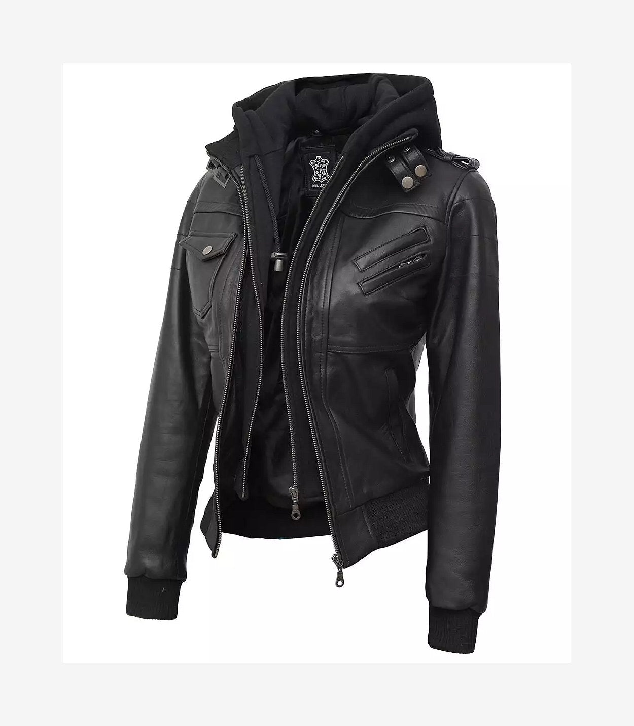 Womens Petite Black Leather Bomber Jacket With Removable Hood