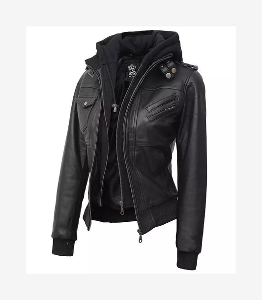 Womens Petite Black Leather Bomber Jacket With Removable Hood