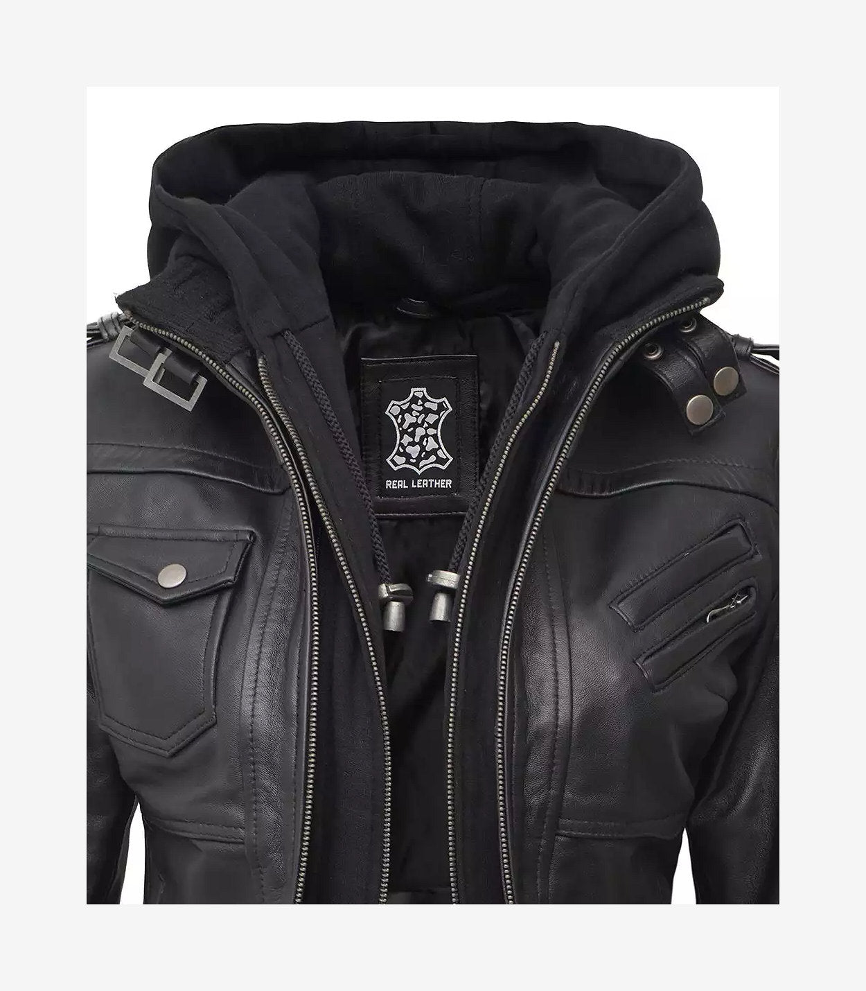 Womens Petite Black Leather Bomber Jacket With Removable Hood