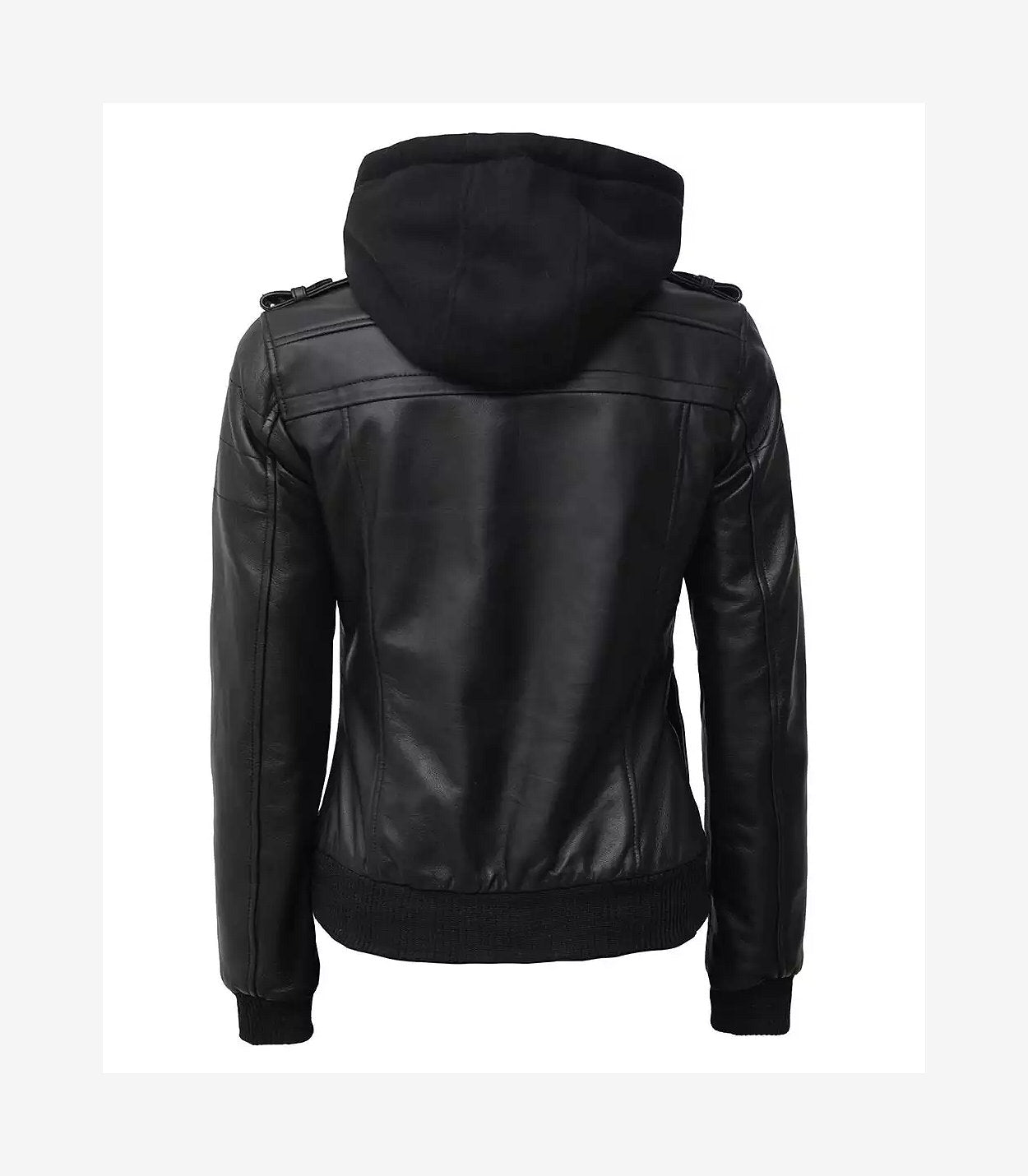 Womens Petite Black Leather Bomber Jacket With Removable Hood