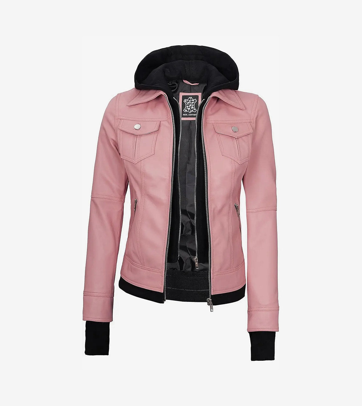 Womens Pink Bomber Leather Jacket With Removable Hood